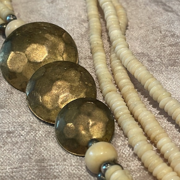 Abstract 3 Layer Cream & Brass Necklace 24” - Picture 7 of 7